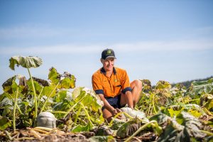 photo portrait of qld farmer in the field with pumpkins